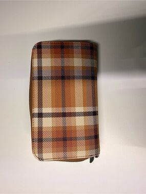 Thirty-One All About the Benjamins Plaid Zip-Around Wallet in Tan, Brown, Cream